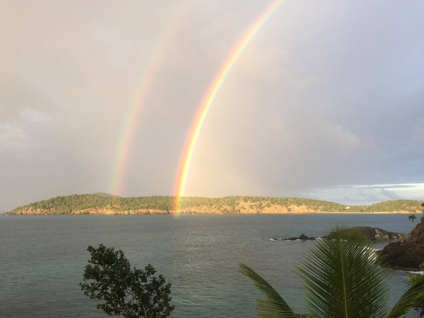 Beautiful twin rainbows taken by a guest December 2014 looking off the deck at Inner Brass Island. Thank you for sharing this great picture!